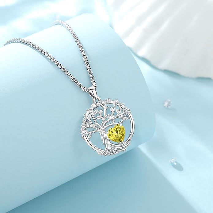 Birthstone Tree of Life Necklace for Women Heart Crystal Pendant Silver Plated Birthday Anniversary Jewelry for Wife, Mom, and Her