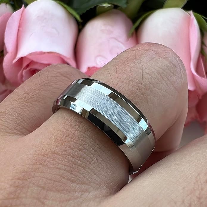 TUTISS 6mm 8mm Silver/Black/Gunmetal/Gold Tungsten Rings for Men Women Fashion Jewelry Engagement Wedding Bands Matte Polished Shiny Beveled Edges Comfort Fit