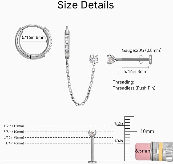 1 Pair ASTM F136 Titanium Double Piercing Dangle Earrings, Cubic Zirconia Dainty Chain Earrings for Helix Conch Earlobe
