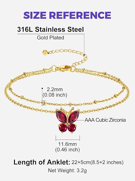 Richsteel Double Layer Heart/Butterfly Birthstone Anklet for Women Non Tarnish Waterproof, Silver/Gold/Black Stainless Steel 8.5-10.5 Inch Adjustable Chain Anklets Jewelry Gifts for Her