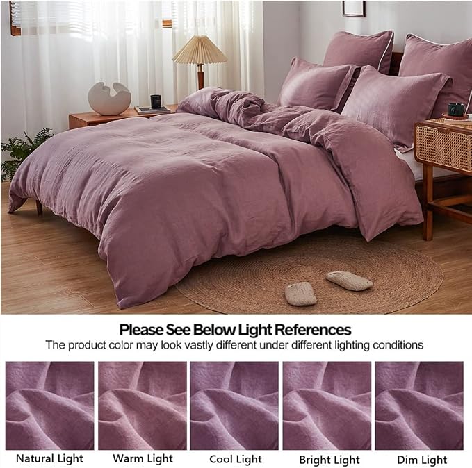 Simple&Opulence 100% Linen Duvet Cover Set 3pcs Basic Style Natural French Washed Flax Solid Color Soft Breathable Farmhouse Bedding with Button Closure - Purple, Queen