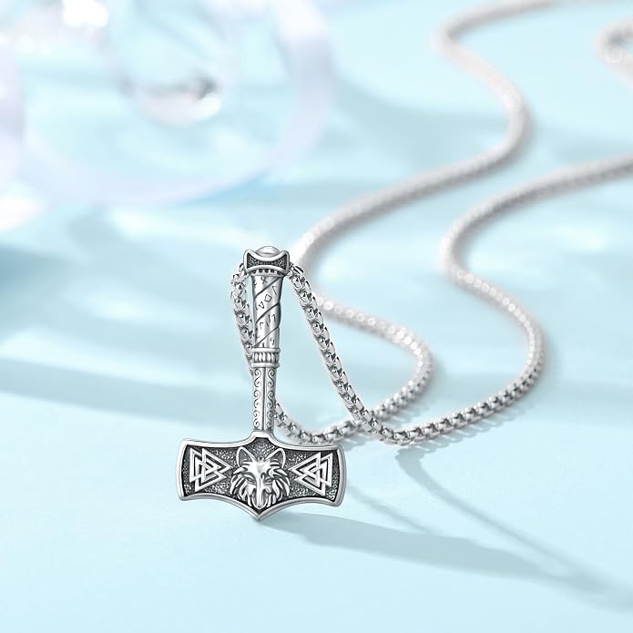 Thors Hammer Necklace - Viking Mjolnir Necklace Nordic Vegvisir Valknut Symbol Pendant 925 Sterling Silver Norwegian Amulet Jewelry Gift for Men Women