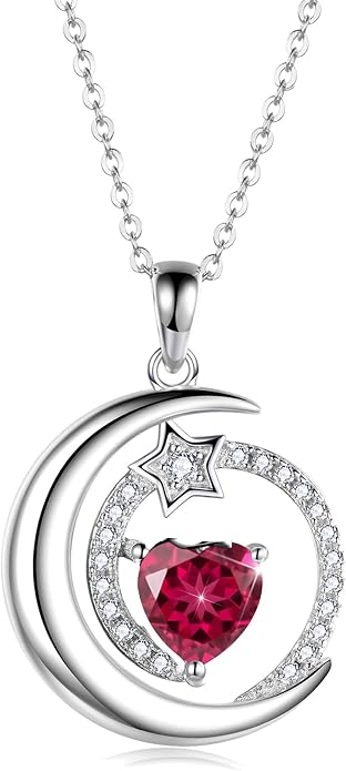 S925 Sterling Silver Birthstone Pendant Necklace Moon Star Necklace Jewelry Gift for Women Anniversary Valentine's day