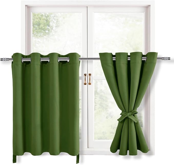 Hiasan RV Blackout Curtains for Bedroom, 52 x 30 Inches Long - Thermal Insulated & Energy Saving Window Curtains for Living Room, 2 Drape Panels Sewn with Tiebacks, Olive Green
