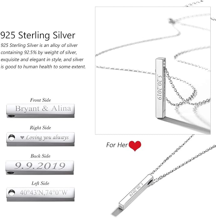 U7 Engravable Bar Necklace, Womens Choker Necklace Stainless Steel Custom Engrave Text Horizontal/Vertical Bar Pendant Necklaces for Men Women