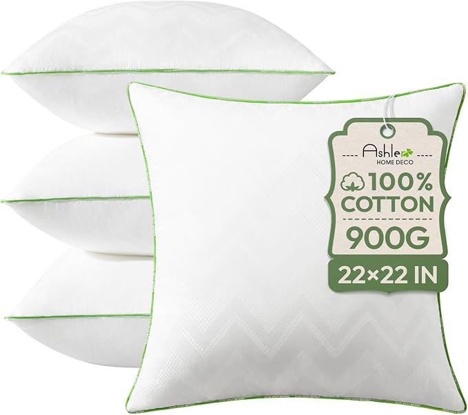 Ashler 22x22 Pillows Insert (Set of 4) - Throw Pillow Inserts with 100% Cotton Cover - 22 Inch Square Interior Sofa Stuffer Pillow Inserts -Decorative White Couch Pillow