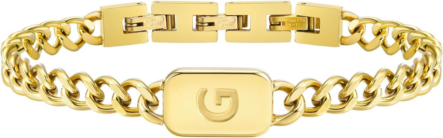 VNOX Initial Bracelet for Men Boys - Simple Mens A-Z Letter Cuban Link Chain Bracelets, Adjustable Solid Stainless Steel Jewelry Gifts for Men Dad Boyfriend