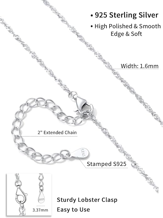 SILVERCUTE 925 Sterling Silver Necklace for Women,1mm/1.3mm/1.5mm/1.6mm Thin Silver Cable Chain/Box Chain/Rope Chain Necklace with Extension Chain,18/20/22/24/26/28/30 Inch