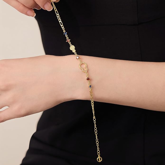 Cicy Bell Evil Eye Bracelets 18k Gold Plated Turquoise Zirconia Link Bracelets Trendy Jewelry Gift for Women Adjustable 5.9" with 1.9'' Extender