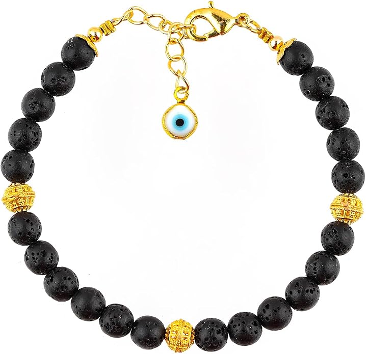 AAA Grade Natural Gemstone Beaded Bracelet, 14K Gold Plated with Evil Charm, Wicca & Reiki Healing Crystals, Handmade Bohemian Jewelry, Christmas Gift for Women (7+1inch)