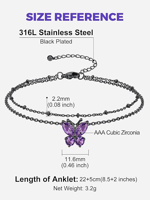 Richsteel Double Layer Heart/Butterfly Birthstone Anklet for Women Non Tarnish Waterproof, Silver/Gold/Black Stainless Steel 8.5-10.5 Inch Adjustable Chain Anklets Jewelry Gifts for Her