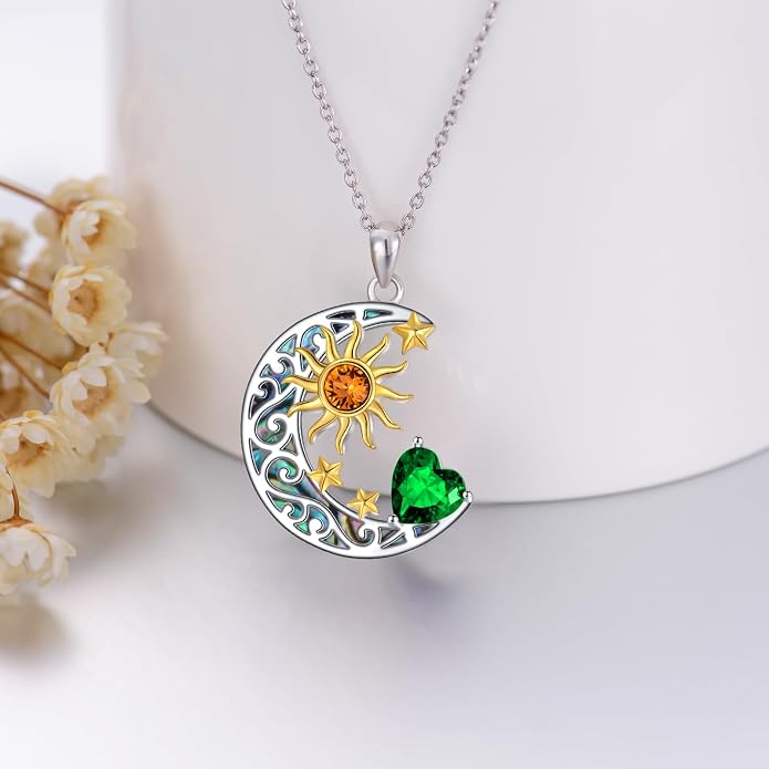 AOBOCO 925 Sterling Silver Sun and Moon Star Pendant Necklace with Simulated Birthstone, Birthday Christmas Jewelry Gift for Women Teen Girls