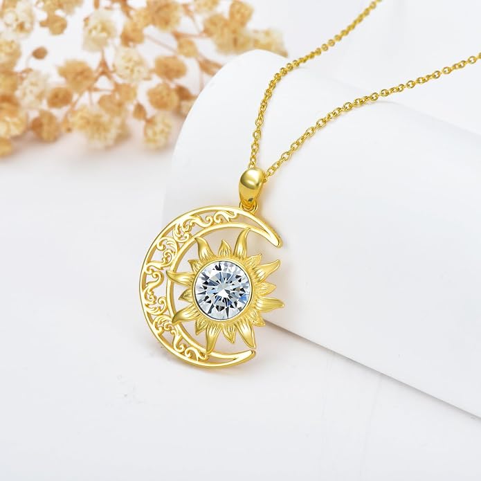 Crescent Moon Necklace for Women 18K Gold Plated Silver Moon and Sun Pendant with Gemstone Dainty Birthstone Jewelry Pendant Necklace for her