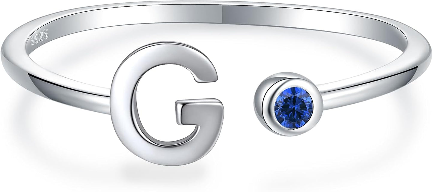 925 Sterling Silver Initial Letter Birthstone Rings for Women Adjustable 1-12 Month Birthstone Alphabet Stacking Ring for Teens Girls Stackable Birthstone Rings Birthday Jewelry Gift for Daughter Mom