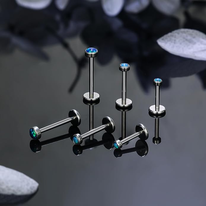 Ruifan Titanium Flat Back Lip Rings Externally Threaded Earrings Studs Nose Rings 20G 18G 16G Jeweled Round Opal Tragus Cartilage Lobe Rook Helix Conch Labret Medusa Piercing Jewelry for Women Men