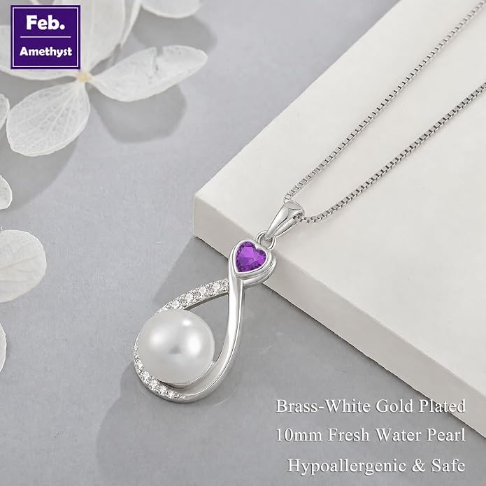 Heart Birthstone Pearl Pendant Necklace, 925 Sterling Silver Infinity Necklace with 10mm Freshwater Cultured Pearl & 4mm Gemstone Jewelry for Women