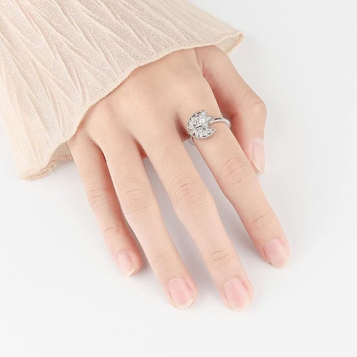 Fidget Ring Anxiety Spinner Ring Open Adjustable Sunflower Star Moon Windmill Butterfly Rings Daisy Stress Relieving Fidget Women Cubic Zirconia Anti Stress Mood Rotate Inspirations Jewelry