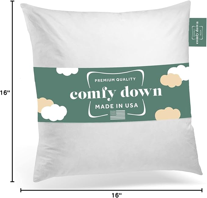 ComfyDown 16x16 Throw Pillow Insert, Down & Feather Fill, 100% Cotton Cover, Made in USA – Premium Soft Decorative Pillow Form Sham Stuffer for Bed, Sofa & Couch