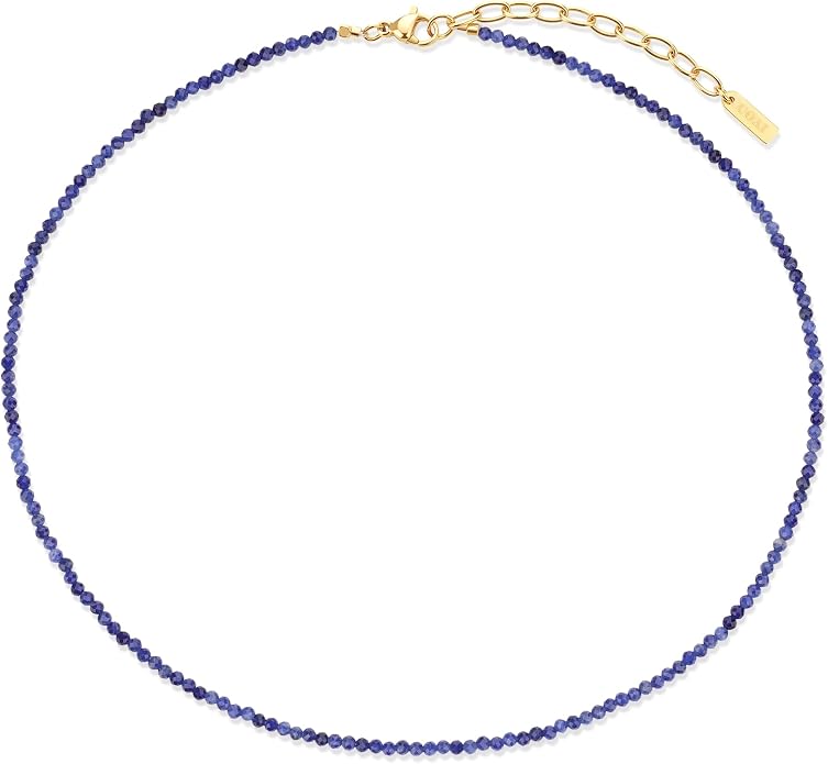 COAI 2mm & 3mm Danity Tiny Bead Necklace for Women, Stone Beaded Crystal Necklace for Women, Sodalite, Australian Jasper, Red Carnelian, Tourmaline, Amethyst, Turquoise Jewelry
