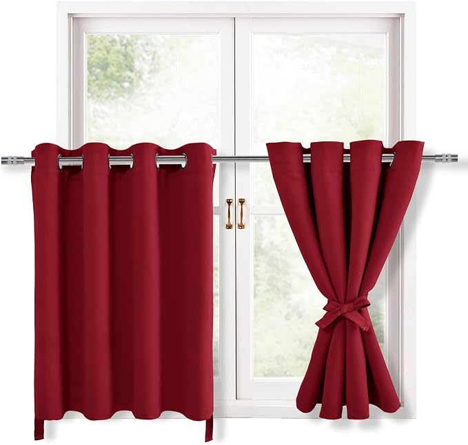 Hiasan RV Blackout Curtains for Bedroom, 52 x 30 Inches Long - Thermal Insulated & Light Blocking Window Curtains for Living Room, 2 Drape Panels Sewn with Tiebacks, Christmas Red