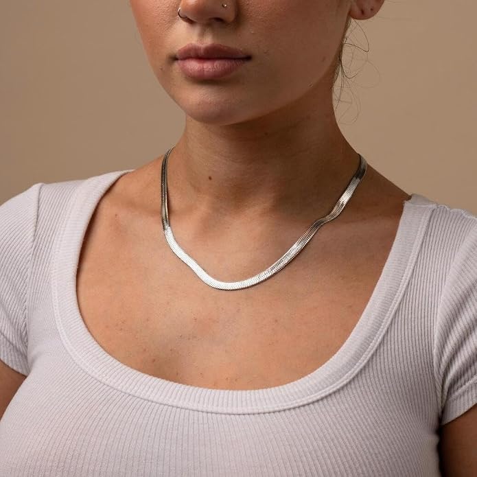 WomenGifts 14K Gold Silver Plated Herringbone Necklace for Women, Dainty Snake Chain Choker, Trendy Simple Long Layered Jewelry Non Tarnish, 3/4/5/8mm,14,16,18,20,22,24,26 Inch Thin & Chunky Options