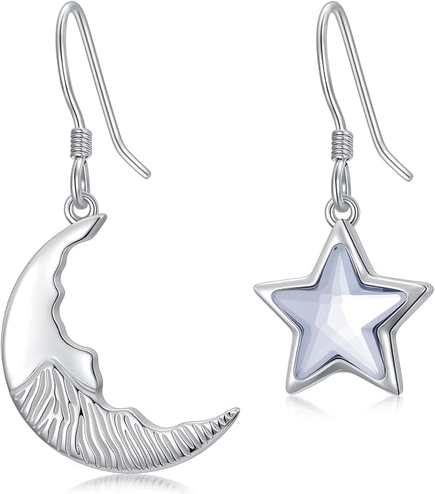 Moon Earring Star Earrings for Women Sterling Silver Moon Star Crystal Asymmetrical Dangle Drop Earrings