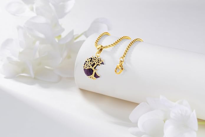 925 Sterling Silver Tree of Life Necklace, Crescent Moon Pendant with Amethyst, Moon Crystal Healing Jewelry Gift for Women
