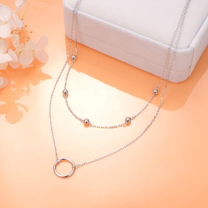Layered Choker Necklaces for Women S925 Sterling Silver Circle/Heart/Cross/Star Multi Layered Necklace Handmade Bead Chain Adjustable Jewelry for Birthday