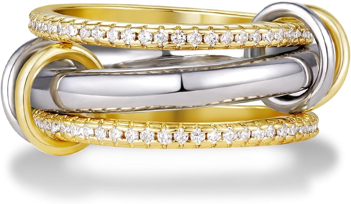 KissYan Stackable Rings for Women, 14k Gold Plate Interlocked Multi Ring Set Dainty Pave CZ Personalized Fashion Two-Toned Mixed Metals Stacking Jewelry Trendy Statement Gift