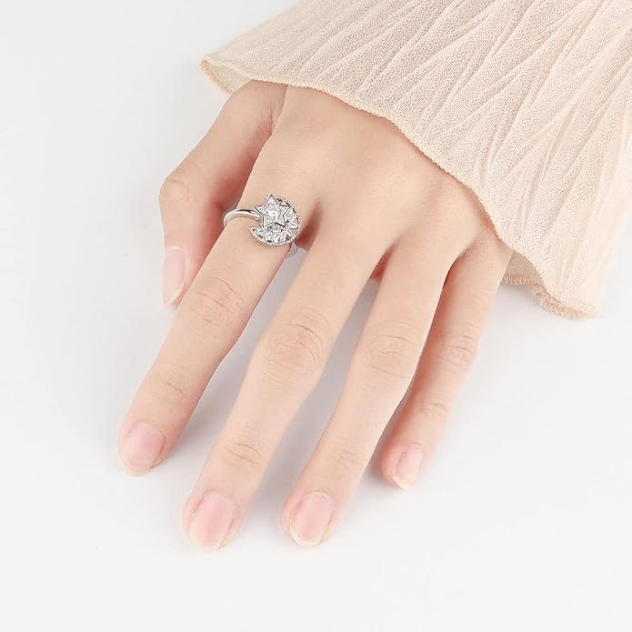 Fidget Ring Anxiety Spinner Ring Open Adjustable Sunflower Star Moon Windmill Butterfly Rings Daisy Stress Relieving Fidget Women Cubic Zirconia Anti Stress Mood Rotate Inspirations Jewelry