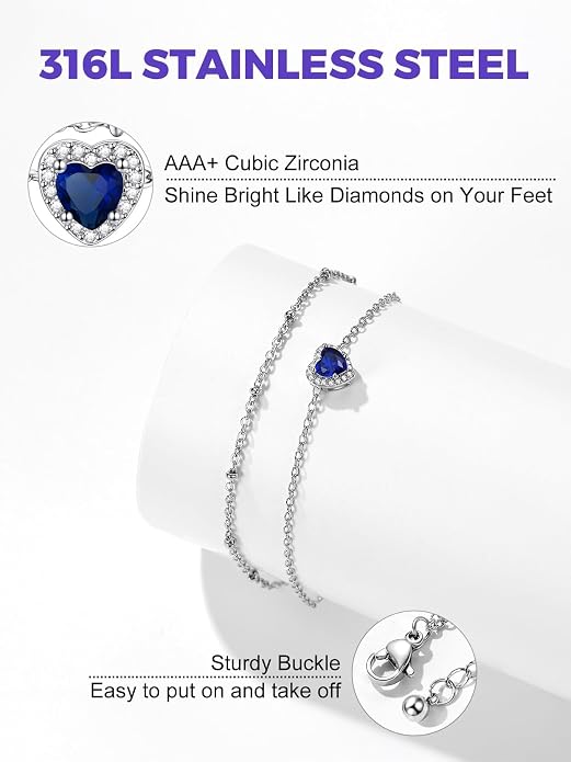 Richsteel Double Layer Heart/Butterfly Birthstone Anklet for Women Non Tarnish Waterproof, Silver/Gold/Black Stainless Steel 8.5-10.5 Inch Adjustable Chain Anklets Jewelry Gifts for Her