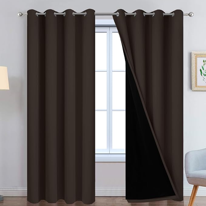 Yakamok Chocolate 100% Blackout Curtains 96 Inches Long 52" Wide 2 Panels | Blackout Curtain Panels for Bedroom, 2 Thick Layers Grommet Top Thermal Insulated Drapes with Black Liner for Living Room