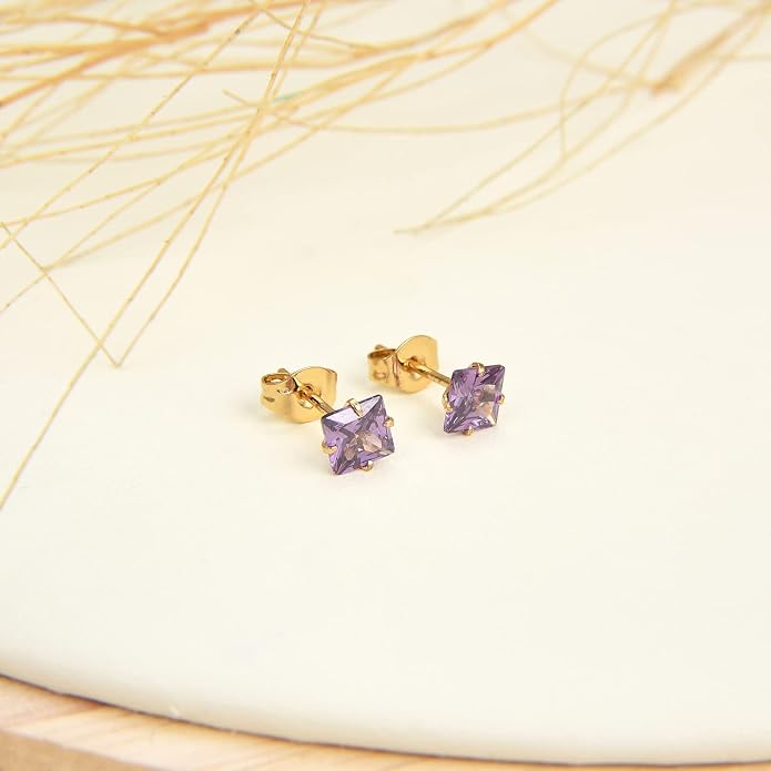 12 Pairs Surgical Stainless Steel Stud Earring Round Heart Star Square Cubic Zirconia Birthstone Stud Earrings Set for Women