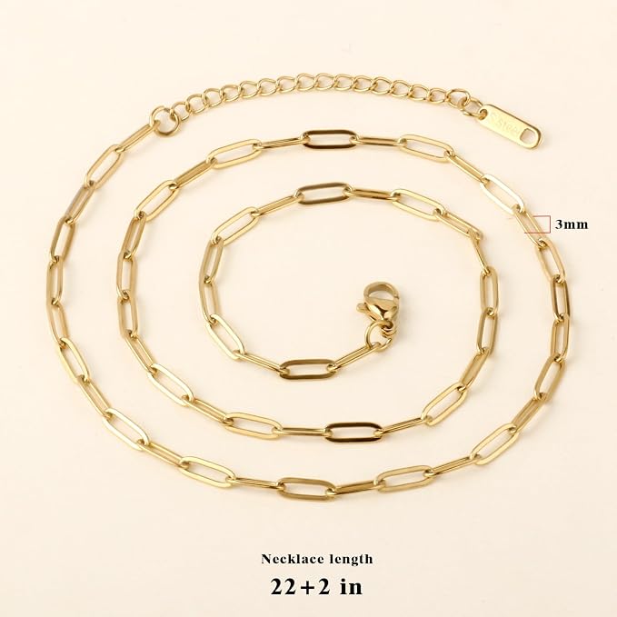 Cadikez 10PCS Gold Paperclip Chains Necklace Bulk 3MM 22 Inches 18K Gold PVD Plated Stainless Steel Finished Paperclip Link Chain Bulk forJewelry Making