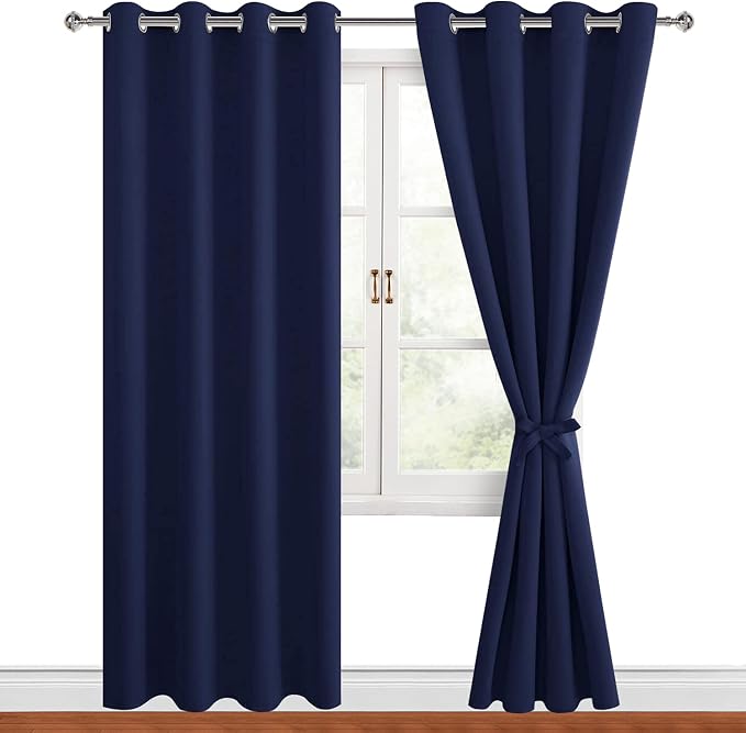 Hiasan Blackout Curtains for Bedroom, 52 x 96 Inches Long - Thermal Insulated & Light Blocking Window Curtains for Living Room, 2 Drape Panels Sewn with Tiebacks, Navy Blue