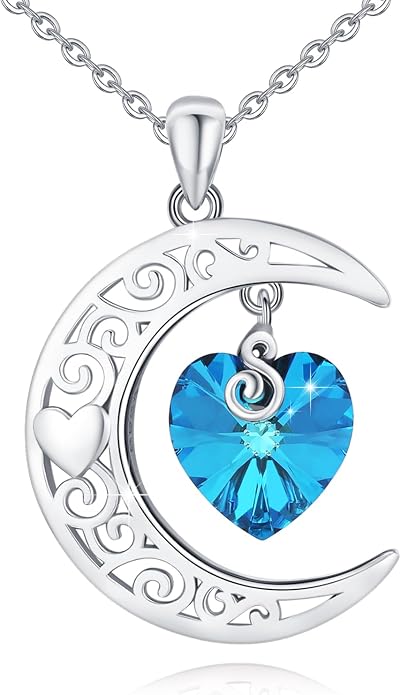 TRISHULA Crescent Moon Necklace 925 Sterling Silver Eye of Horus Animal Moon Pendant with Heart Crystal Birthday Jewelry Gift for Women Christmas Gifts for Her