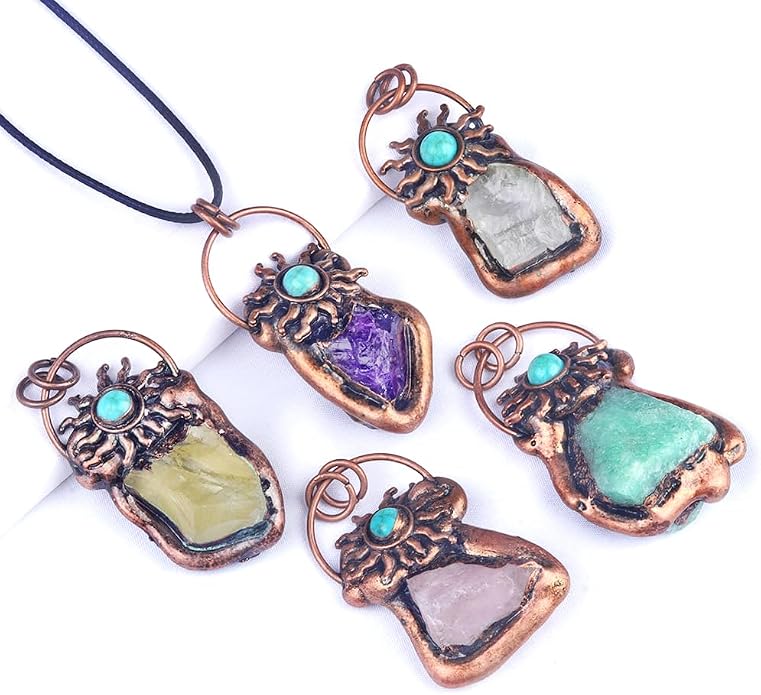 LE SKY 2Pcs Natural Raw Crystal Quartz Pendant Necklaces, Vintage Copper Wrapped Irregular Wire Gemstone Choker, Boho Sun Turquoise Healing Stone Jewelry Gifts for Women