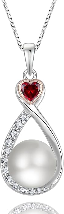 Heart Birthstone Pearl Pendant Necklace, 925 Sterling Silver Infinity Necklace with 10mm Freshwater Cultured Pearl & 4mm Gemstone Jewelry for Women