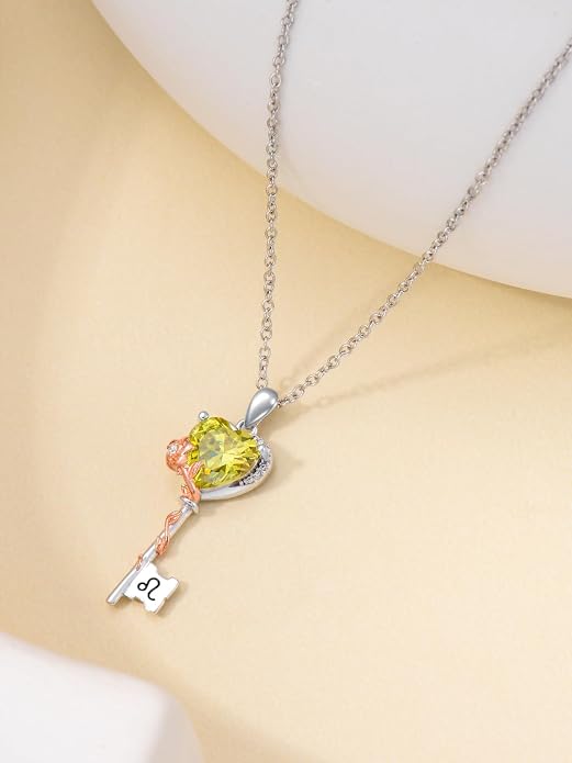 OCJ Zodiac Necklace for Women 925 Sterling Silver Rose Flower Key Pendant Necklaces Zodiac Birthstone Jewelry Wife Birthday Anniversary Christmas Gifts for Her