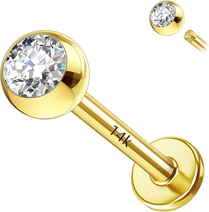 14k Yellow/White Gold Body Jewelry Earrings for Women Threaded Micro CZ Gem Top Tragus/Helix/Labret Stud 16G 6mm 8mm