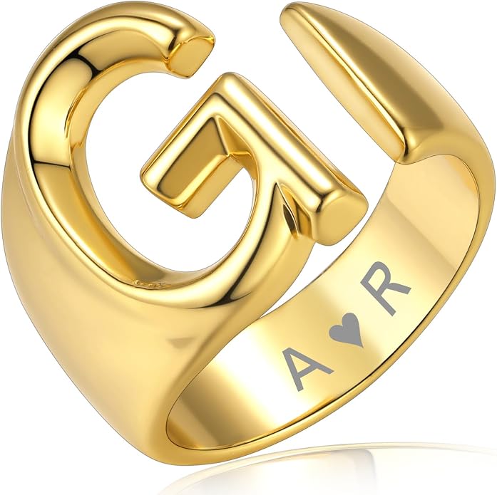KeyStyle Bold Initial Letter Rings Adjustable, GoldChic Jewelry Women Gold Statement Ring Personalized Engraved Women’s Open Signet Ring for Party (Gold, White Gold, Black)