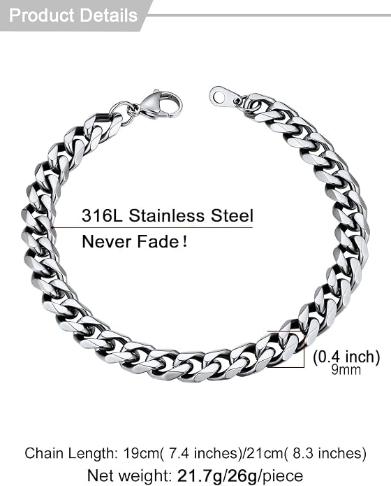 U7 Link Bracelets for Men, Cuban Link/Rope/Watch Band Solid Bracelet, Silver Black Gold Color Wrist Bracelet 3/6/9/12/15mm Width, 6.5/7.5/8.3 Inch Length, Hand Chain Jewelry for Mens Women