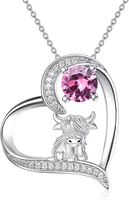 Highland Cow Gifts for Women 925 Sterling Silver Highland Cow Birthstone Necklace Fluffy Cow Jewelry Gifts Birthday Christmas