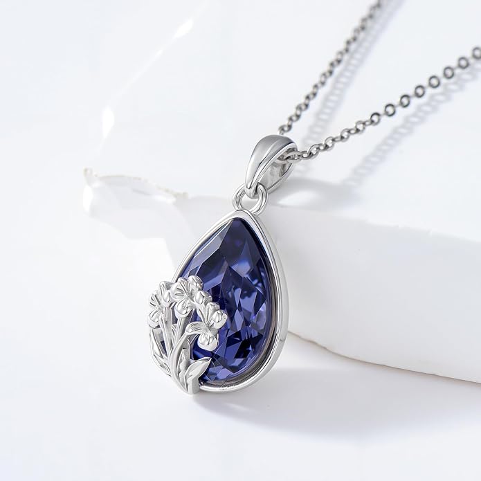 925 Sterling Silver Birth Flower Necklace with Teardrop Shaped Birthstone - 12 Colors, 12 Kinds of Flower - Ideal Birthday Jewelry Gift for Women, Mothers, Daughters & Wives