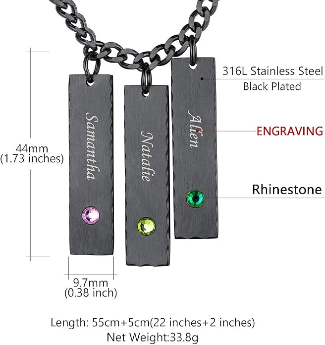 Custom4U Personalized Birthstone Bar Necklaces for Women, Custom Handmade Silver/Black/Gold Vertical Bar Pendants with 1-3 Names Engraved,Unique Memorial Necklace for Her