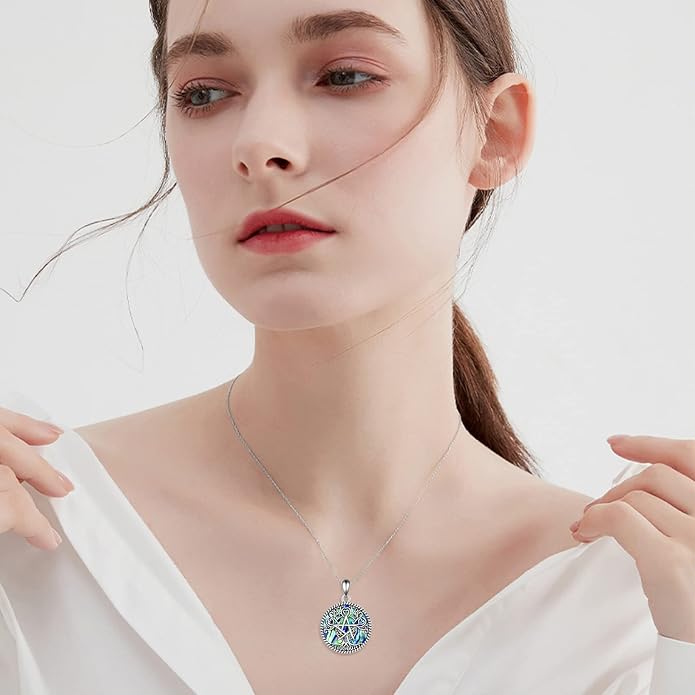 YFN Triple Moon Goddess Necklace Sterling Silver Pentagram Pentacle Opal Pendant necklace Pagan Wiccan Magic Amulet Tree of Life Jewelry for Women Men 18"