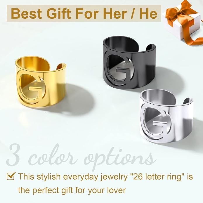 KeyStyle Bold Initial Letter Rings Adjustable, GoldChic Jewelry Women Gold Statement Ring Personalized Engraved Women’s Open Signet Ring for Party (Gold, White Gold, Black)