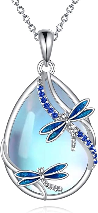 KQF Dragonfly/Butterlfy/Cat/Jellyfish/Bunny/Axolotl/Bee/Mermaid/Hummingbird/Elephant Necklace for Women Sterling Silver Moonstone Pendant Necklace Dragonfly Jewelry Gifts for Women