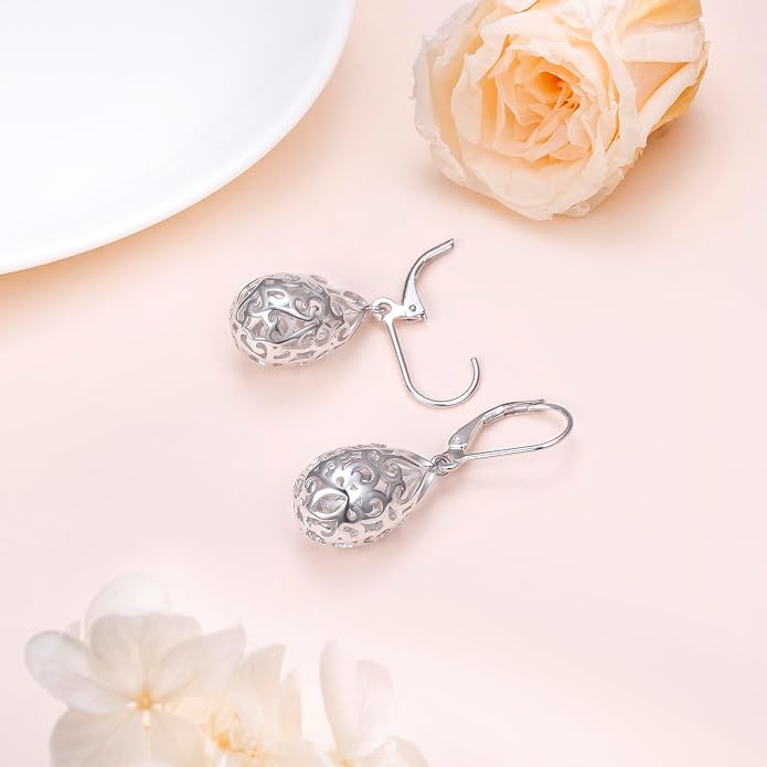 Alphm Filigree Dangle Drop Earrings 925 Sterling Silver Filigree Leverback Teardrop Earrings French Style Lightweight Hypoallergenic Jewelry Gifts for Women
