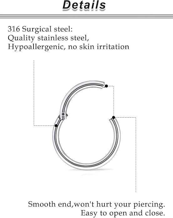 20G-2G Surgical Steel Hinged Clicker Septum Nose Rings Gauges Earrings Seamless Hoops Eyebrow Lip Ring Cliker Helix Tragus Daith Rook Earrings for Women Men